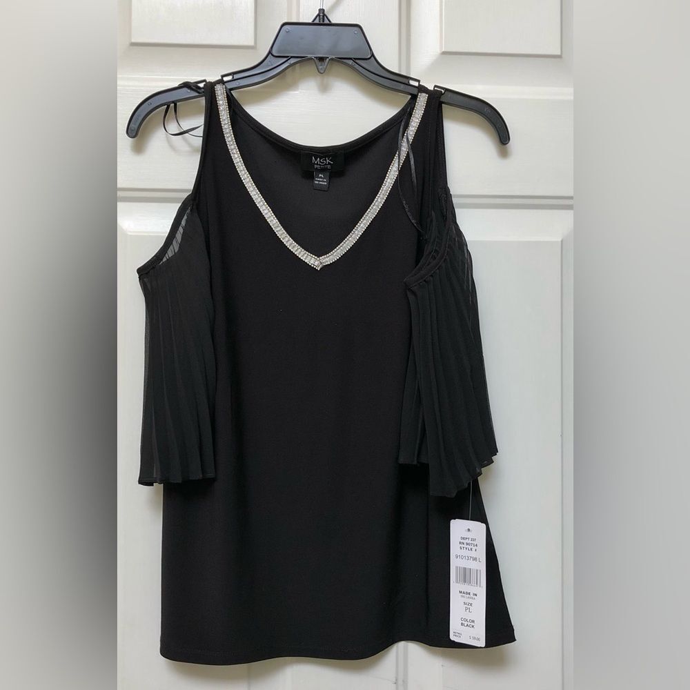 MSK WOMEN'S TOP SIZE PS and PL BLACK COLD SHOULDER METALLIC-TRIM PLEATED SLEEVES